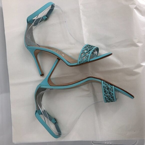 Manolo  Blahnik Maurila Turquoise Geometric Laser Cut Sandal Heels Leather 41 - Picture 4 of 16